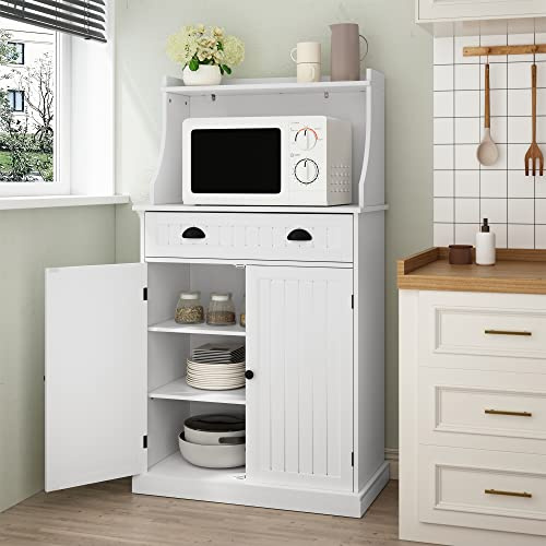 ARTPOWER 54 Kitchen Microwave Cabinet/Stand with Storage and Drawers, Pantry Storage Cabinet with Hutch & Adjustable Shelves for Kitchen, Dining Room, Living Room, Hallway in White