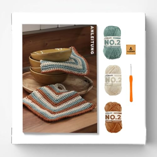 myboshi Häkelset Topflappen Tonami, inkl. No.2 Wolle, Nadel und Anleitung, Häkelpaket 85% Baumwolle, 15% Kapok Grün, Beige, mit Häkelnadel