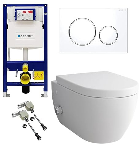 Alpenberger Wand WC Spülrandlos | Taharet WC mit Armatur | WC Sitz mit Absenkautomatik | WC Spülkasten Bausatz Betätigungsplatte | Vorwandelement WC Set Komplett | Passend Geberit (7150U)