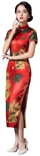 ZNLFS Vestido Cheongsam Tradicional Chino para Mujer con Apertura Lateral, Ajustado, Midi, Cuello Mandarín, Manga Corta Qipao, rosso, 38
