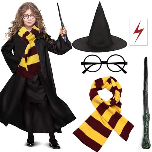 7 st trollkarlskostym set för barn, trollkarl maskeradtillbehör kit, Harry cosplay outfit med trollstav mantel halsband scarf glasögon trollkarl cosplay outfit för världsbok vecka festtillbehör (145)