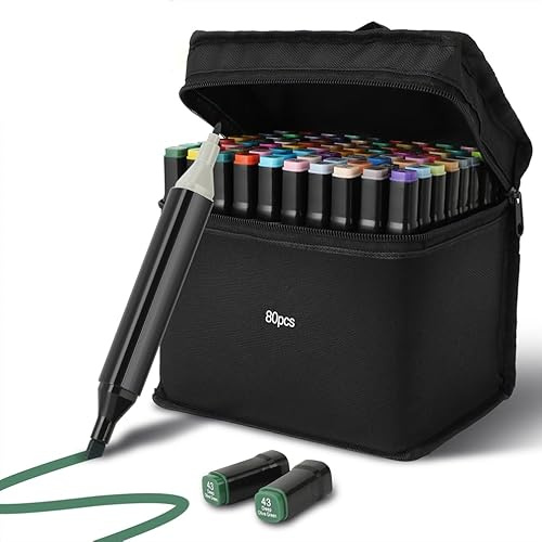 Gugxiom Set di 80 pennarelli con alcool, colorati per graffiti, con doppia punta, con custodia per il trasporto e supporto, per artisti, adulti, bambini, colorazione, schizzi (80 colori)
