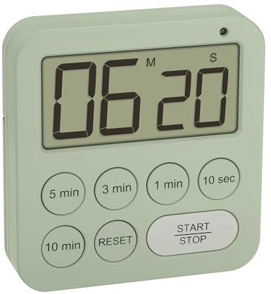 TFA Dostmann Digitaler Timer zum Sport/Küche/Lernen, 38.2056, inklusive Stoppuhr, magnetisch, mit 3 Lautstärke Stufen, Schnellauswahl, großes Display, Visuelles LED Warnlicht, Eieruhr, grün