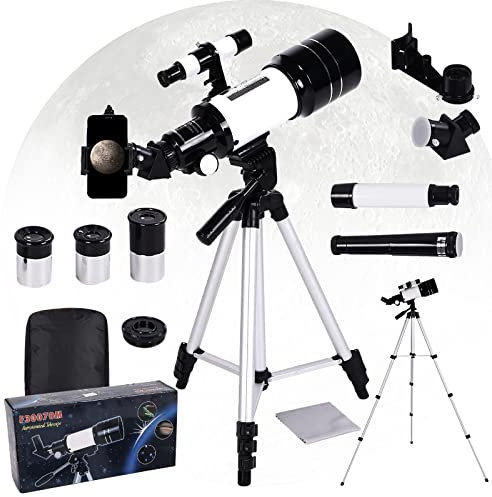 MOZMY Teleskop Erwachsene, Teleskop Astronomie, 300/70mm Refraktor Telescope, Fernrohr Erwachsene Telescope für Einsteiger Amateur-Astronomen, mit Stativ, 3 Okularen und Telefonadapter
