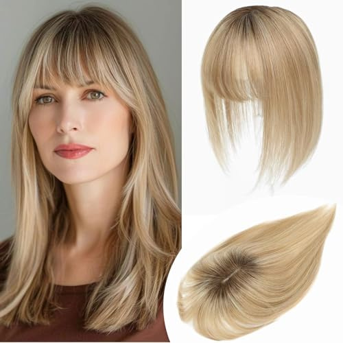 Lasunork Postiches pour femmes - Cheveux humains avec frange tissés à la main - Base suisse - Postiche miel blond avec racines brun foncé