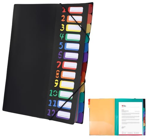 Dokumentmapp A4, svart med indexetiketter, fackmapp A4 med 12 fack regnbågsfärger, mapp med elastiskt band, underskriftmapp, hörnspännmapp för skoltillbehör och kontor