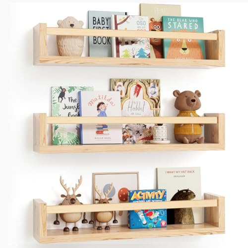 ZONJIE Nursery Shelves Set of 3-16.5 Inch Baby Floating Bookshelf, Wood Wall Mounted Children’S Book Shelves for Kids Nursery Decor, Hanging kids Furniture for Toy Storage and Playroom, Kids Room