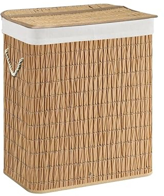 hjh LIVING Cesto para la ropa sucia con 2 compartimentos FALSTER XL R, 100 L, con tapa, cesto de ratán con asas, función práctica de plegado, color marrón