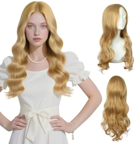 AUYAO Peluca Rubia Larga, Peluca Onduladas Largo con 1 Redecilla Pelo, Peluca Ondas Larga de Fibra Resistente Calor, Pelucas Mujer Niñas para Cosplay Fiesta Diario