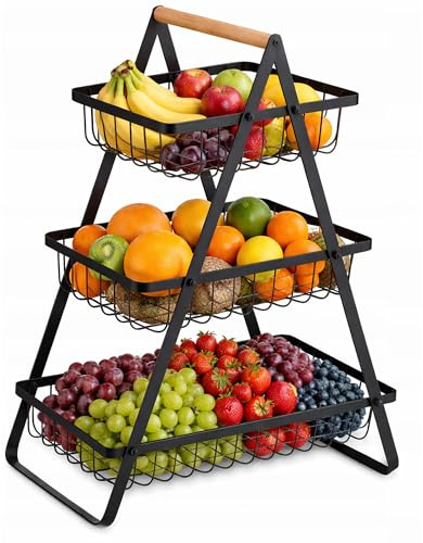 PECZEKO Dreistöckiger Obstkorb mit 3 Ebenen – Platzsparende Obstschale & Obsetagere aus Metall mit Holzgriff – Stabiler Obstständer für Küche, Arbeitsplatte & Tisch, Schwarz