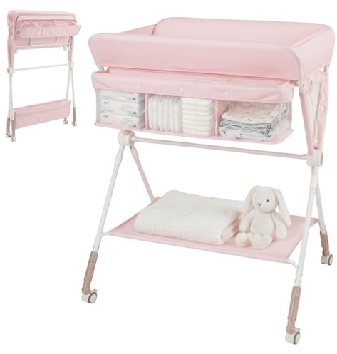 Maxmass Baby Changing Table, Folding Infant Diaper Changing Station with Wheels, Shelf and Storage Basket, Height Adjustable Nappy Table for Newborn (Pink)