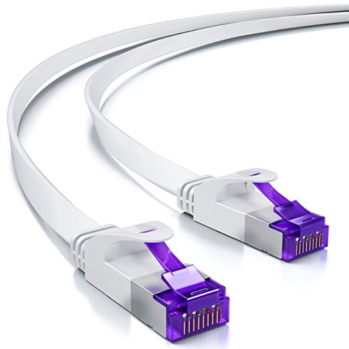 deleyCON 20m Platt Cat7 Nätverkskabel (Cat 7 med 10 Gbit/s) Gigabit LAN - RJ45 Ethernet Patchkabel Installationskabel Platt - för Internet Switch Router Modem Patchpanel - Vit