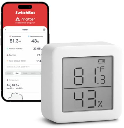 SwitchBot Room Thermometer Hygrometer Indoor, Bluetooth Digital Temperature Monitor with Free Data Storage, Dewpoint/VPD/Absolute Humidity, Hygrometer Indoor Humidity Meter, Thermometer for Home