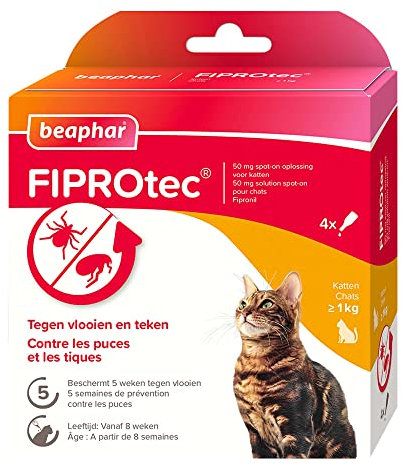 BEAPHAR – FIPROTEC 50 MG – Solution Spot-on pour Chats – À Base de Fipronil – Tue Les Puces et Les Tiques à l'application – Traitement Antiparasitaire pour Chat dès 8 Semaines – 4 Pipettes de 0,50 ML
