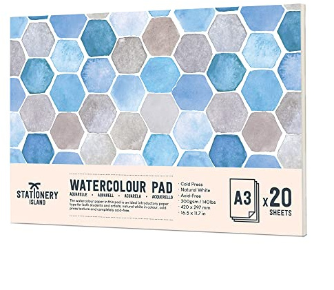 STATIONERY ISLAND A3 Carta Acquerello 300gr, 20 Fogli Per Acquerello, Album Da Disegno Professionale, Carta Per Acquerello, Ideale Per Pittura E Disegno Con Acquarello