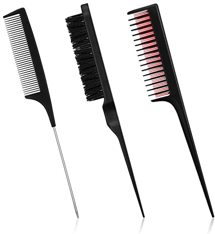 Patelai 3 Pieces Hair Styling Comb Set for Women's Back Combing - Teasing/Fluffy Brush, Rat Tail Comb, and Triple Combing Comb (Black)
