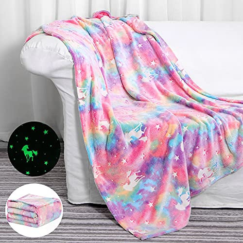 Glow In The Dark Rosa Kinderdecke,Regenbogen Einhorn Geschenke Mädchen,Wärme Geschenkideen für Geburtstag Ostern Weihnachten,Mädchen Geschenkideen für Kinder 1 2 3 4 5 6 7 8 9 10 11 12 Jahre