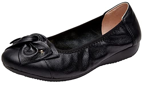 rismart Femme Cuir Ballerines Enfiler Ballerine Pompe Travailler Chaussure avec Arc Noir,38