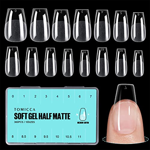 TOMICCA Medium Coffin Shaped Short Nail Tips - 360PCS Half Matte Soft Gel, No File Needed- Full Cover False Nails, Clear Acrylic & Strong Tips for Press On Extension - 15 Sizes