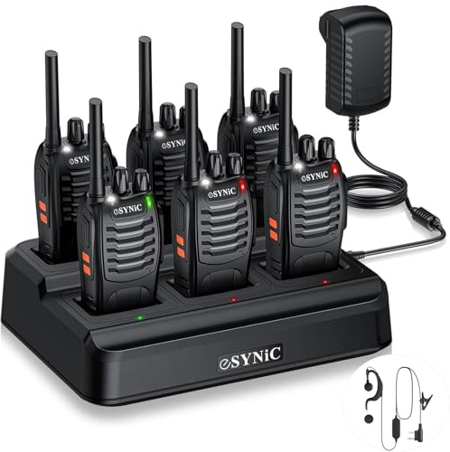 eSynic Adults Walkie Talkies Set Two Way Radio with Charger Dock Station | Rechargeable| Licence Free| 16CH & VOX Function| With Earpieces| Long Range Professional for Team Work,Security,Cafe,Site