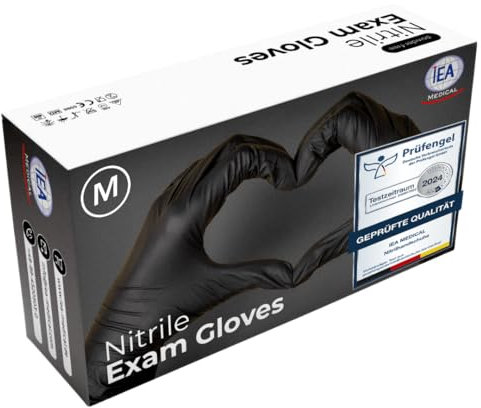 IEA Medical Nitrilhandschuhe M Schwarz 100 Stück, Einweghandschuhe M, Reißfest, Untersuchungshandschuhe, Latexfreie Handschuhe, Einmalhandschuhe M