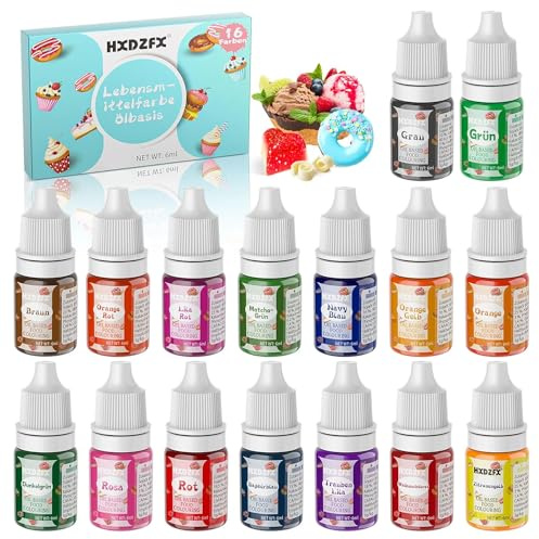 Fettlösliche Lebensmittelfarbe für Schokolade -16 Farben Flüssige Lebensmittelfarben Ölbasis für Dekorieren von Kuchen, Macarons, Makronen, Ostereier, Donuts, Kunsthandwerk Einfärben - 6ml jeder