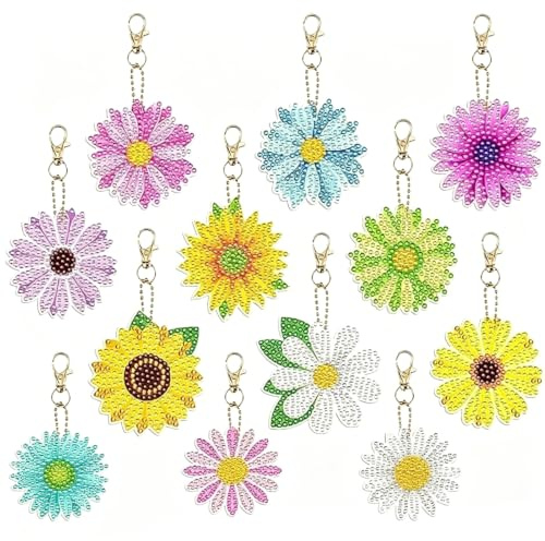 12 st diamantmålning nyckelring dubbelsidig, blomma 5D gör-det-själv full borr diamantmålning nyckelring hängen strass målning nyckelringar kedjor tillverkning kit för kvinnor flickor handväska nyckel
