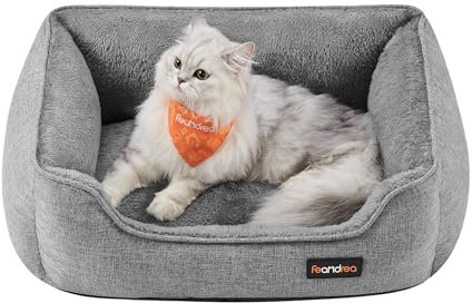 Feandrea Katzenbett, Hundebett, Hundekissen in Leinenoptik, erhöhte Ränder, rutschfeste Unterseite, Bezug abnehmbar waschbar, S, für Minihund, 60 x 50 x 21 cm, hellgrau PGW009G02