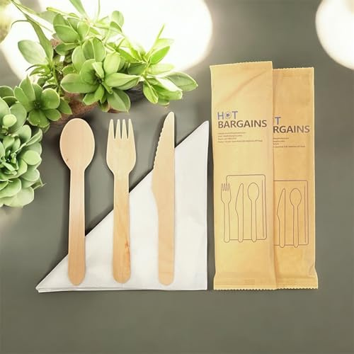 HOT BARGAINS 100 X Wooden Cutlery Sets Mixed Individually Wrapped Each Set Contains 4pcs Wooden Fork, Spoon, Knife and 2-Ply Napkin