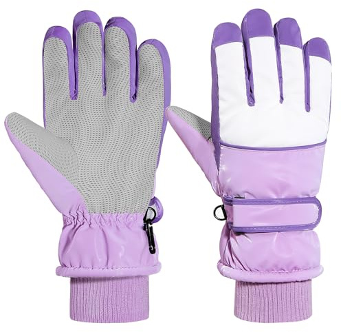 MoKo Guantes de Esquí para Niños, Guantes de Esquí Impermeables con Puños Elásticos para Esquí, Snowboard, Ciclismo, Guantes de Invierno Térmicos Cortaviento para Niños de 6 a 15 Años, Morado, L