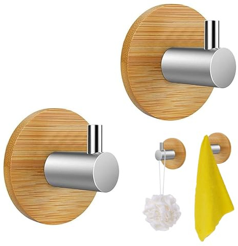 HESUSUSI Gancho de Pared Autoadhesivo Madera de Bambú 2 Piezas Sin Perforación 304 Acero Inoxidable y Bambu para Toallas Ganchos Adhesivos de Bambú Natural para Uso en Baño Dormitorio Cocina