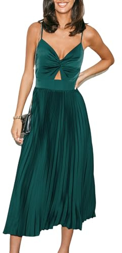 CUPSHE Robe longue en satin pour femme - Col en V - Découpe - Sans manches - Devant plissé - Tour de taille long - Élégante robe de soirée coupe A, Vert, S