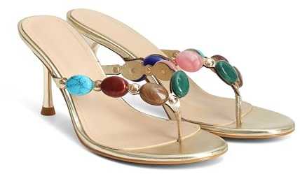 MAIJED Jeweled Flip Flop Kitten Heels for Women Open Toe Beaded Strappy High Heels Sandals Slip On Thong Heeled Mules Mid Heel Fashion Party Dress Shoes
