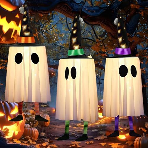 Pipihome Halloween Deko, 3 Stück 23.6'' Halloween Ghosts Deko Outdoor Mit Warm LED Lichtern, Halloween Deko Garten Hängen Geist Decorations Mit Hexenhut für Innen Horror Outdoor Party