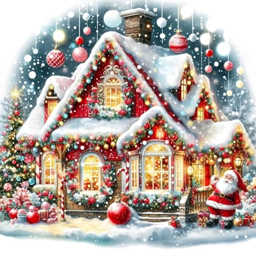 Juego de Pintura de Diamantes 5D Navidad Casa con Papá Noel, Set de Diamantes DIY para Adultos, Imagen de Muñeco de Nieve Navideño para Decoración de Pared de Invierno, Kit de Arte de Diamantes
