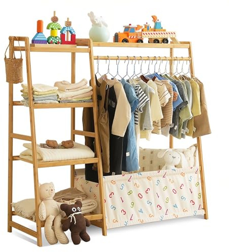 Baveke Kids Clothing Rack- Toddler Dress Up Rack with 5-Tier Open Shelves & Storage Bag, Baby Clothes Rack Small, Bamboo Garment Rack & Free Standing Clothes Rack, Mini Clothing Rack for Playroom