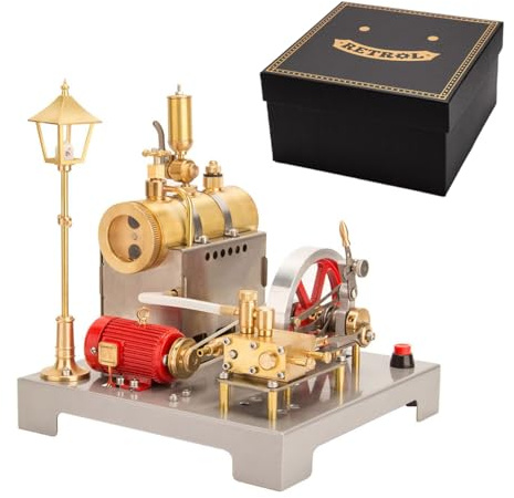 RETROL SE-02 Steam Engine Model Kit with Boiler & Generator & Street Lamp Metal Reversible Horizontal Stationary Motor, Build Your Own Engine That Works - 100+ Pieces