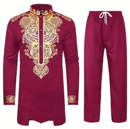 WAZHAKU Costume africano da uomo, set da 2 pezzi, a maniche lunghe, con stampa Dashiki, camicia e pantaloni, vestito tradizionale con stampa dorata, pantaloni dritti per il tempo libero Dubai Arab, R