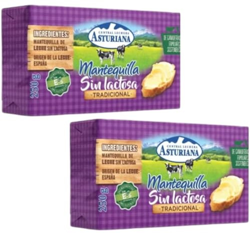 Pack 2 Mantequilla Central Lechera Asturiana 250g | Tradicional y Sin Lactosa | Formato Pastilla | Envío Refrigerado | Ideal Cocina y Repostería