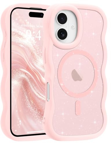 Pepmune Fodral för iPhone 16 paljetter kompatibel med Image, rosa | Lockigt vågram telefonfodral Genomskinligt, matt slim fit, stötsäkert skyddsfodral för kvinnor och flickor.