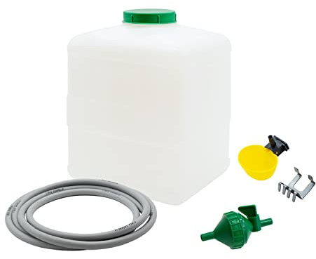 Kit Bebedero Automático para Aves de Corral (20L) - para Gallinas, Faisanes, Palomas - Depósito + Tubo + Llave con Filtro + Bebedero basculante Grande con Soporte
