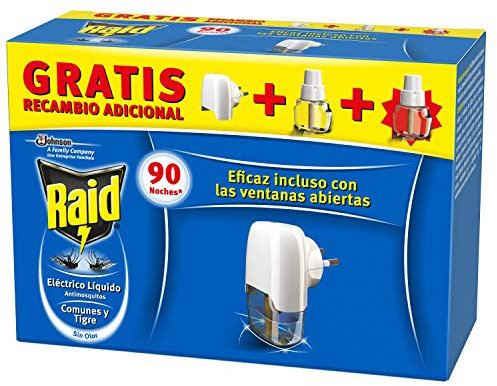 Raid Eléctrico Anti Mosquitos Comunes y Tigre 90 Noches con Aplicador y 2 Recambios - 54 Mililitros (2 x 27ml), El embalaje puede variar