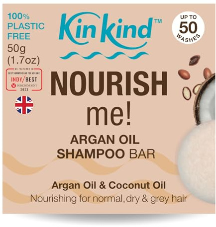 KinKind NOURISH me! Shampoo Bar. Coconut & Argan Oil for hydration. For normal, dry and grey hair. Vegan & Cruelty Free. UK made. Up to 50 washes.50g, cream, Pack of 1