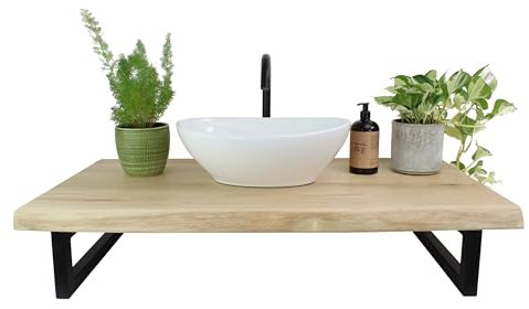 Natural Goods Berlin Waschtischplatte Eiche Aufsatz-Waschbecken Baumkante Echtholzbohle Naturkante Massivholz Design Waschtisch schwebend Wandmontage Badezimmer Holzplatte (B100 x T50cm, Schwarz)