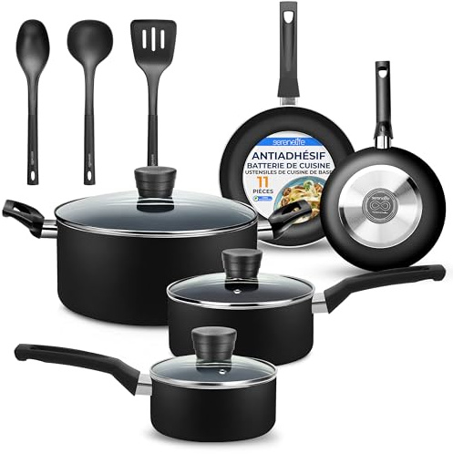 SereneLife Nonstick Pots and Pans Set 11-Piece– Aluminium Cookware Set with Glass Lids, Frying Pans, Saucepans & Casserole Pot, Kitchen Utensils, Nonstick Cookware Set, Black