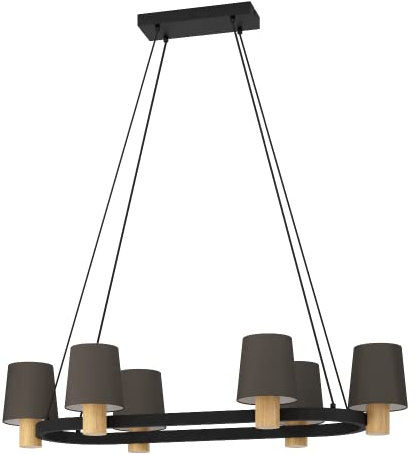 EGLO Kronleuchter Edale, Pendelleuchte Esstisch 6-flammig, ovale Hängelampe, Esszimmerlampe aus Metall in Schwarz, FSC100HB, Holz in Eiche und Textil in Cappucchino, Hängeleuchte mit E27 Fassung