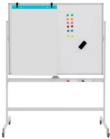 LIFEZEAL Lavagna Magnetica, 120x90 cm, Lavagna con Cavalletto, Lavagna Bianca Cancellabile con Ruote Frenabili, Lavagna Bifacciale con Fogli di Carta e Girevole a 360 gradi, Regolabile da 1,6m a 1,8m