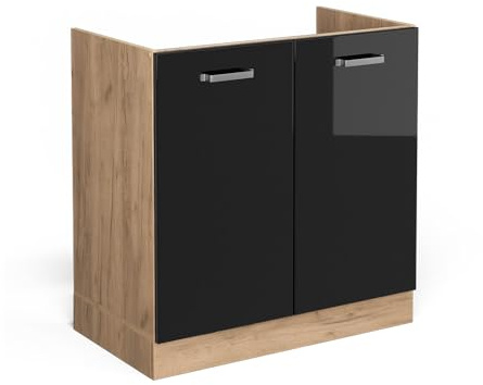 Vicco Mobile lavello cucina R-Line, Nero lucido, 80 cm senza piano di lavoro, per la libera combinazione all'interno di sistemi cucina modulari