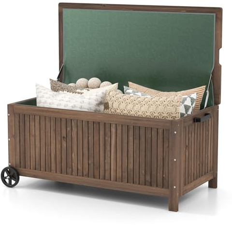 COSTWAY Baule da Giardino in Legno 213 L, Baule da Esterno con Ruote e Maniglie, Interna Resistente all'Acqua, Contenitore Salvaspazio da esterno armadio, 114 x 58,5 x 51 cm (Modello 4)