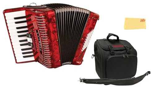 Hohner Hohnica 1304 48 Bass Piano Accordion - Pearl Red Bundle with Gig Bag, Straps, and Austin Bazaar Polishing Cloth